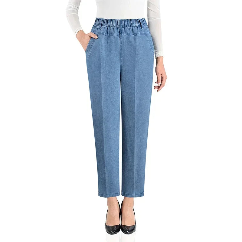 Jeans Women's Loose Straight Sleeve 9-point Embroidered Elastic High Waist