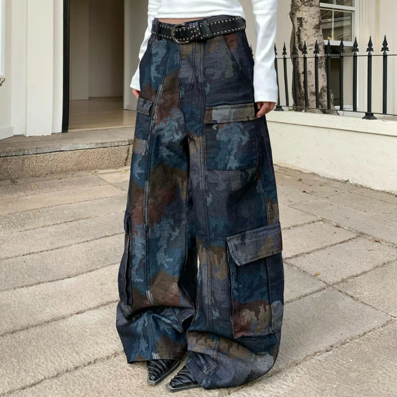 Retro street new style camouflage spliced multi-pocket work jeans for women American loose straight wide-leg casual pants