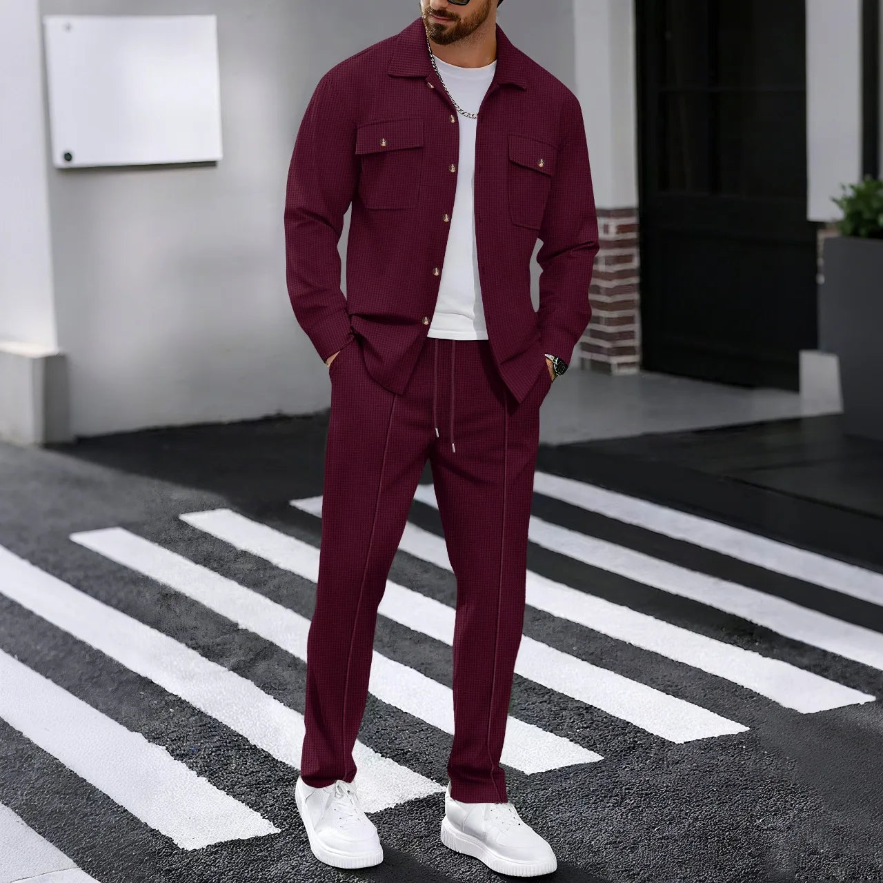 New men's solidcolor waffle longsleeved pants set  high quality fashionable comfortable with doublepocketsworkwearstyle cardigan