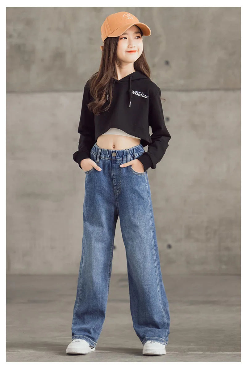 Kid's Jeans 3-9Y Cute Girls Solid Color Loose Wide Leg Pants Childrens Outwear Denim Trousers