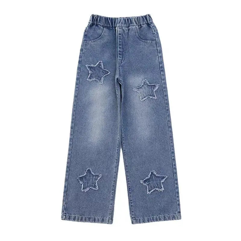 Teen Girls Wide Leg Cargo Jeans Spring Autumn Fashion Kids Casual Denim Pants School Young Kids Straight Baggy Trousers 3-12Y