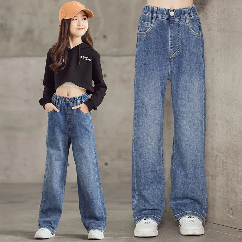 Kid's Jeans 3-9Y Cute Girls Solid Color Loose Wide Leg Pants Childrens Outwear Denim Trousers