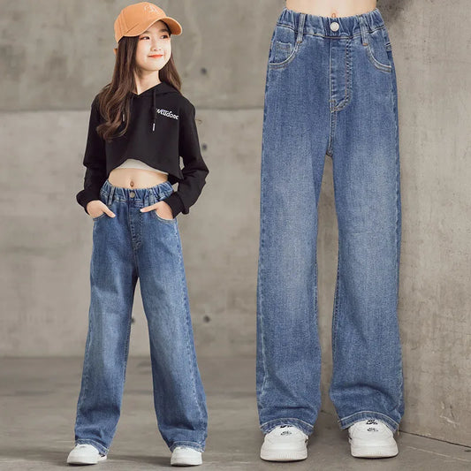 Kid's Jeans 3-9Y Cute Girls Solid Color Loose Wide Leg Pants Childrens Outwear Denim Trousers