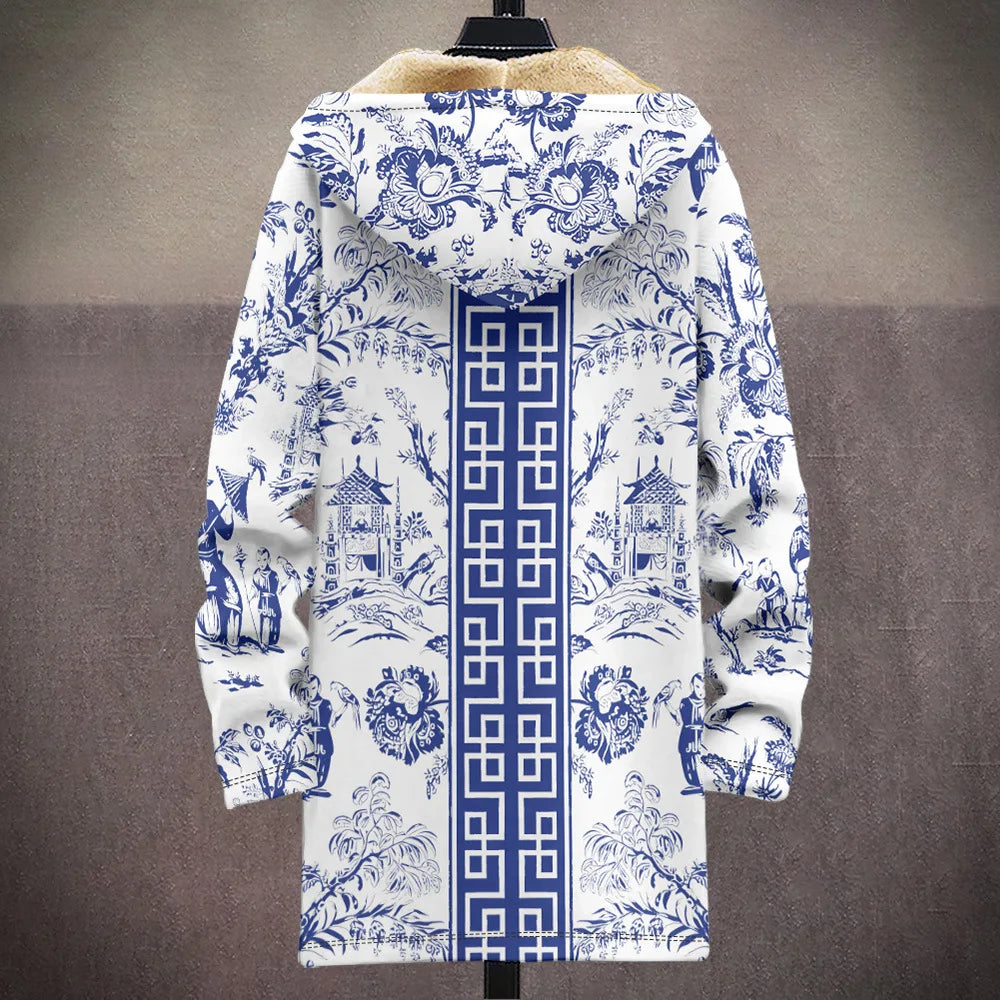 Men Cardigan Coats Blue White Porcelain Art Graphics Printed Germany  Style Plush Thick Winter Jackets Casual Streetwear Clothing