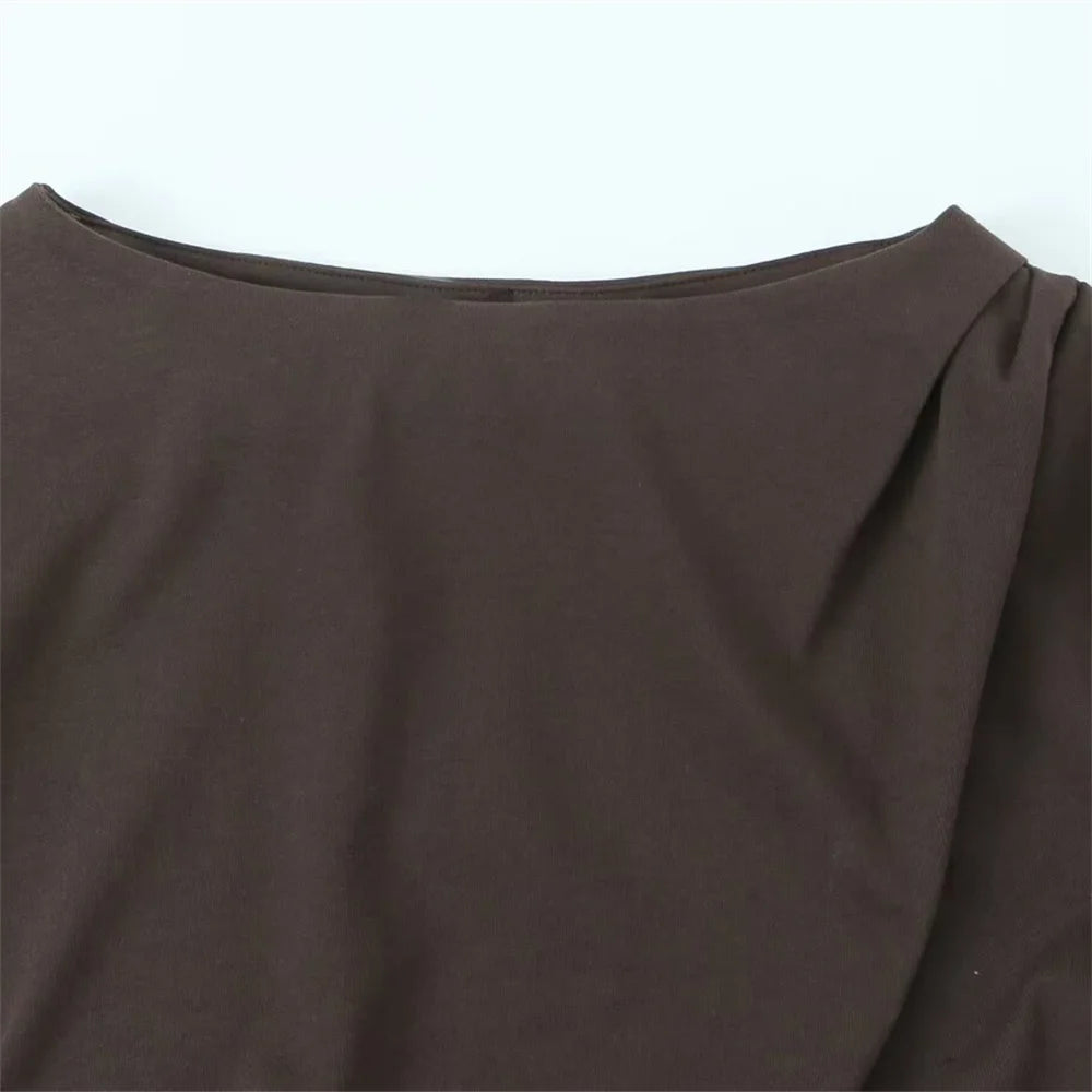 UNIZERA Women's Tri Color Side Folded Decorative T-shirt Round Neck Long Sleeve Spring/Summer New Casual Women's Clothing