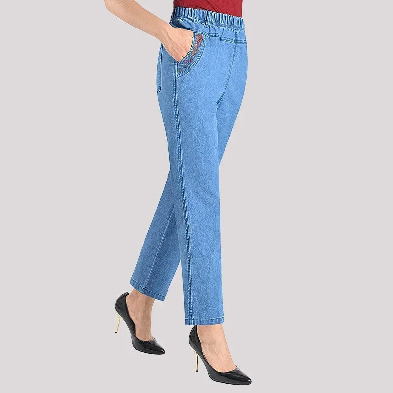Jeans Women's Loose Straight Sleeve 9-point Embroidered Elastic High Waist