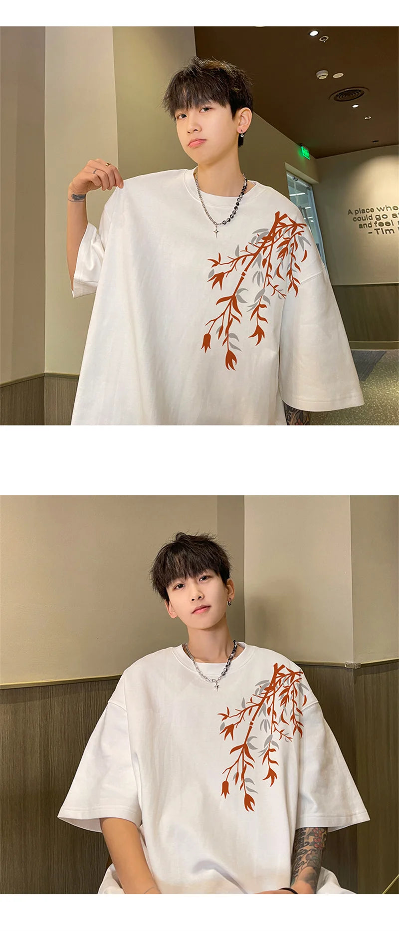 Men's Oversized T-shirts Mens Cotton T Shirt White 5XL Casual Summer Wear Fashion Bamboo Print Tee Shirts for Men Clothing