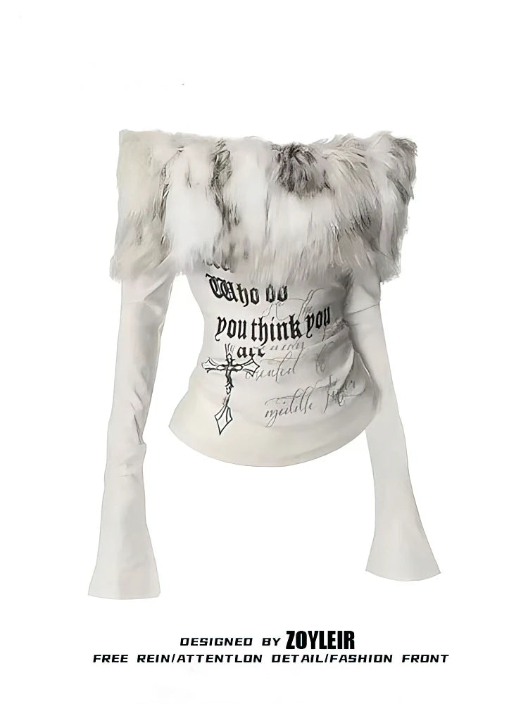 Luxury Fur Graphic Long sleeve T shirt  Women Autumn Winter Off shoulder Tops 2000s Vintage Basic Blouse Tees White Shirt