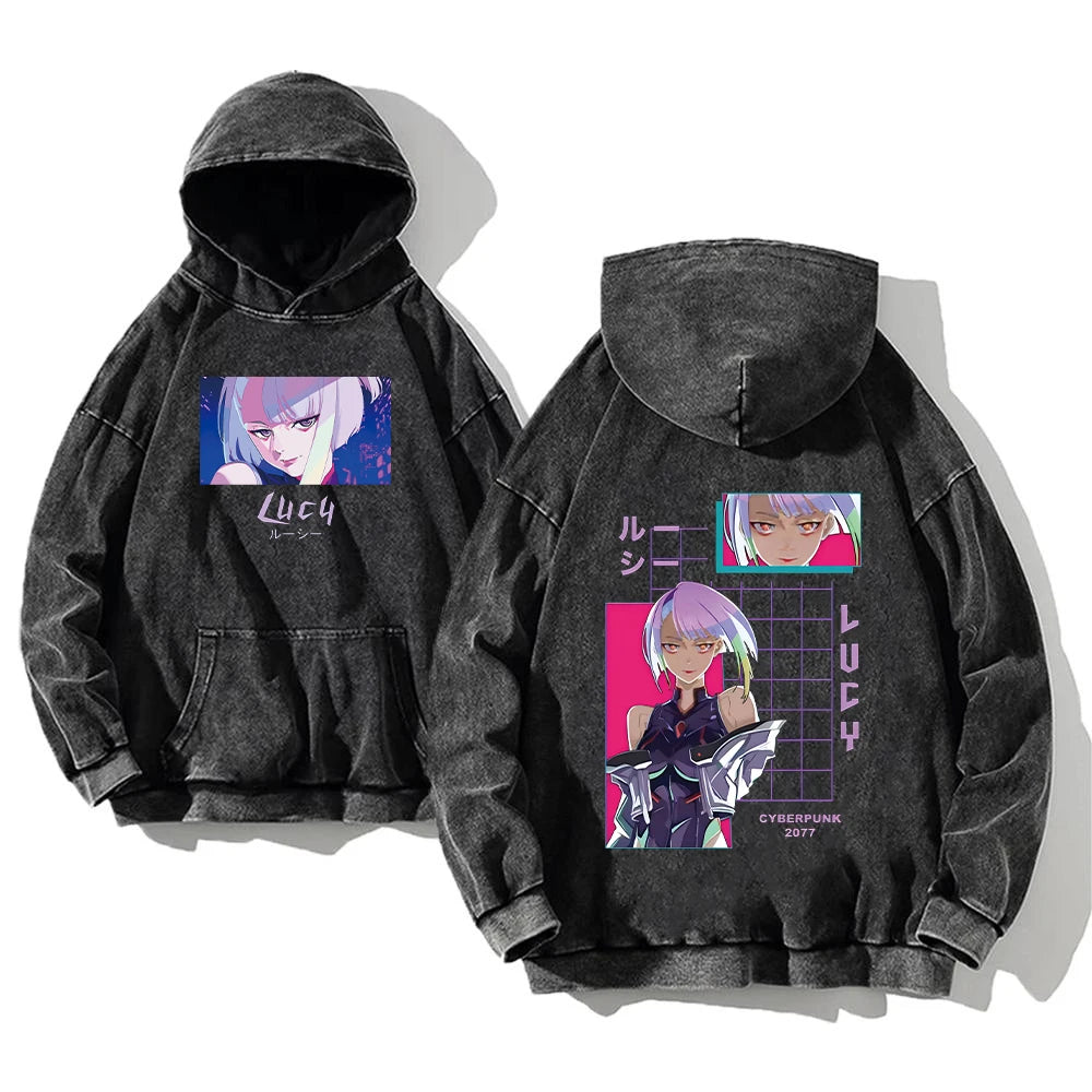 Anime Cyberpunk: Edgerunners Washed Hoodies Printed Casual Men Contains Cotton High Quality Fashion Loose Pullover Unisex