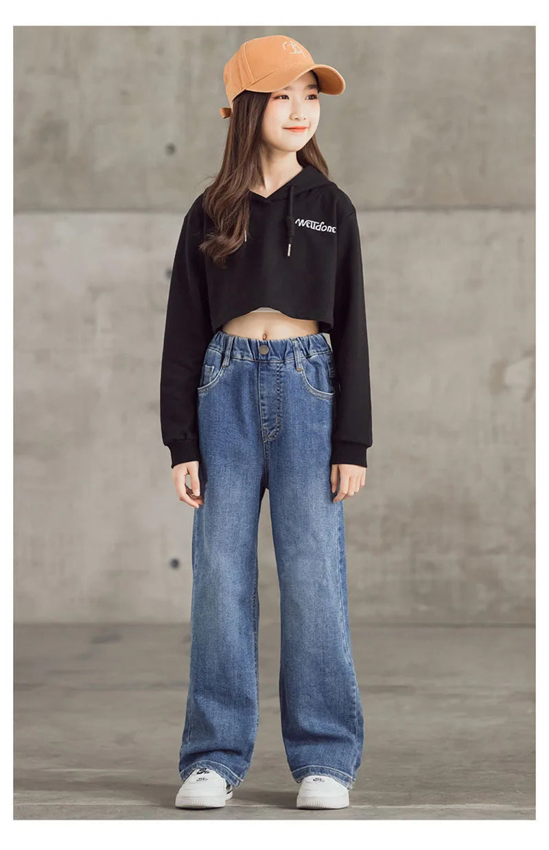 Kid's Jeans 3-9Y Cute Girls Solid Color Loose Wide Leg Pants Childrens Outwear Denim Trousers