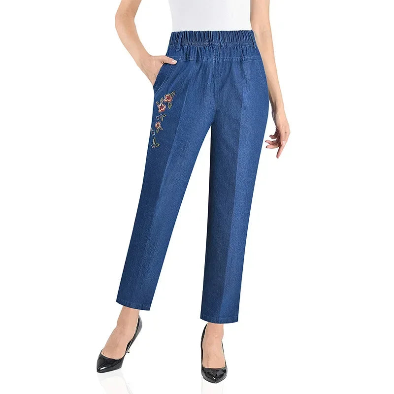Jeans Women's Loose Straight Sleeve 9-point Embroidered Elastic High Waist