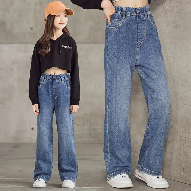 Kid's Jeans 3-9Y Cute Girls Solid Color Loose Wide Leg Pants Childrens Outwear Denim Trousers