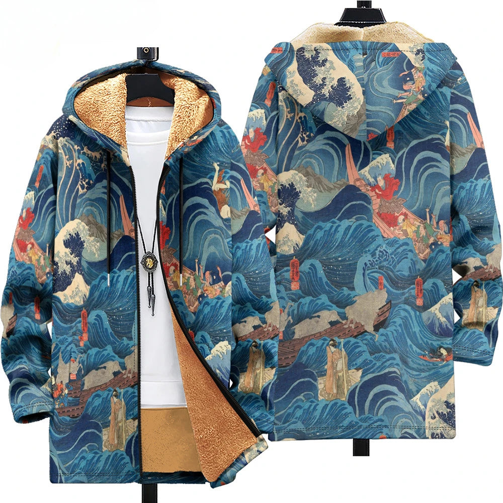 Men Cardigan Coats Blue White Porcelain Art Graphics Printed Germany  Style Plush Thick Winter Jackets Casual Streetwear Clothing