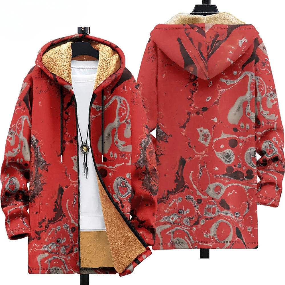 Men Cardigan Coats Blue White Porcelain Art Graphics Printed Germany  Style Plush Thick Winter Jackets Casual Streetwear Clothing