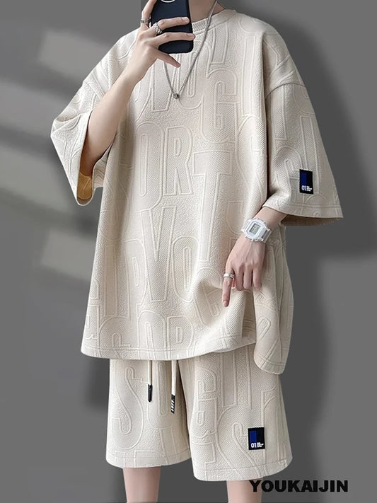 Men's Summer Suit Casual T-shirt + Shorts Suit Men's Tracksuit Solid Color Tracksuit Loose Suit Plus Size 4XL 5XL