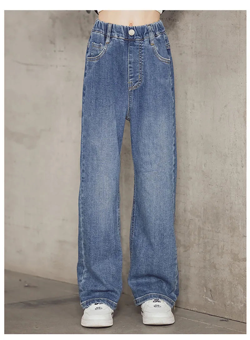 Kid's Jeans 3-9Y Cute Girls Solid Color Loose Wide Leg Pants Childrens Outwear Denim Trousers