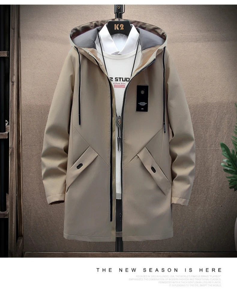 Outdoor Casual Jacket For Men Solid Color Long Windproof Hooded Coat High Quality Design Hot Casual Jacket For Men