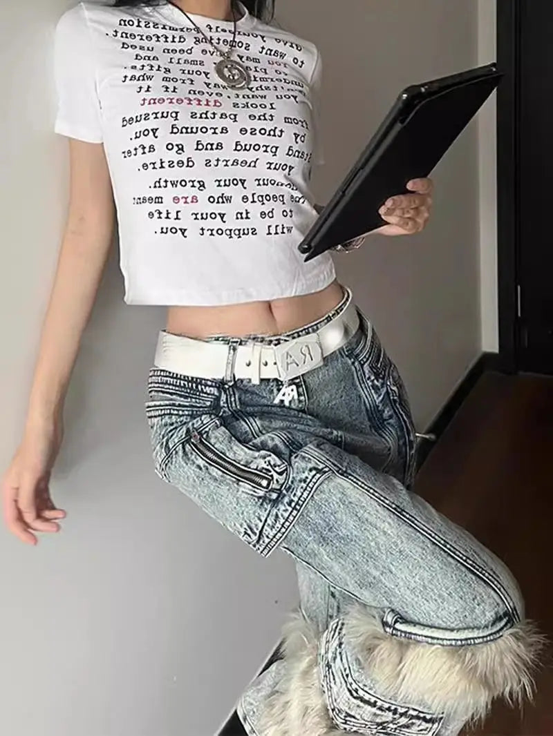 Stitching Multi-pocket Tooling Jeans Women Streetwear Vintage Hip Hop Spice Girls  Pants