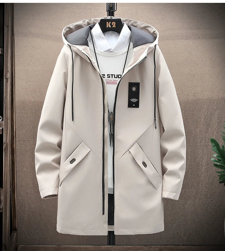 Outdoor Casual Jacket For Men Solid Color Long Windproof Hooded Coat High Quality Design Hot Casual Jacket For Men