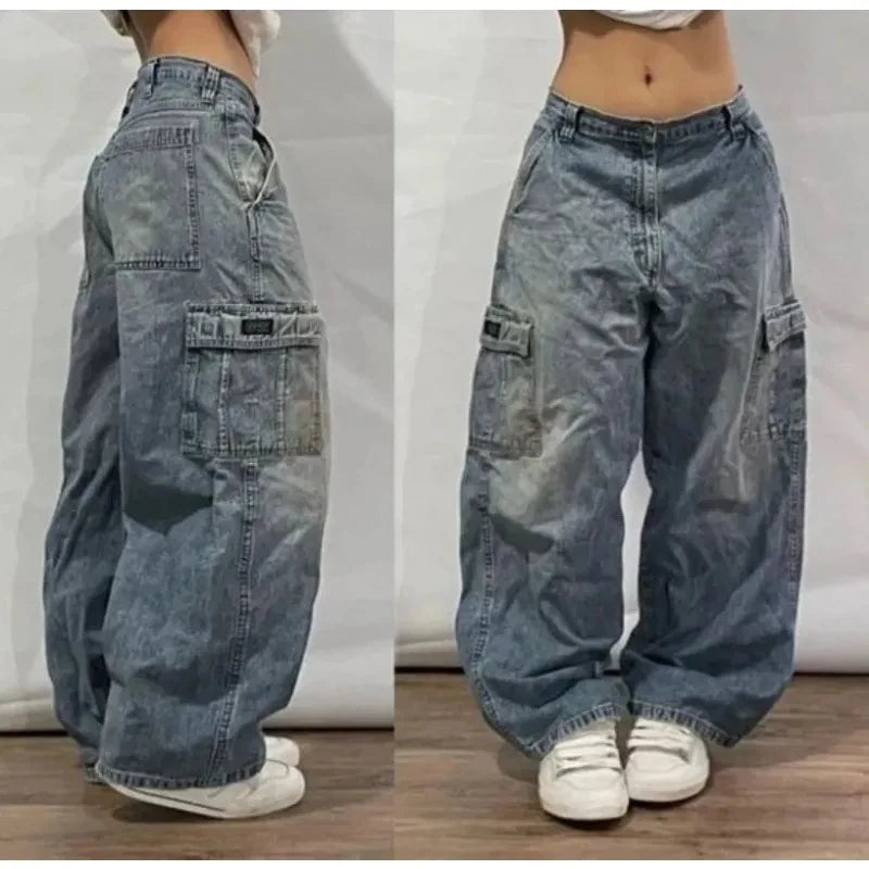 Stitching Multi-pocket Tooling Jeans Women Streetwear Vintage Hip Hop Spice Girls  Pants