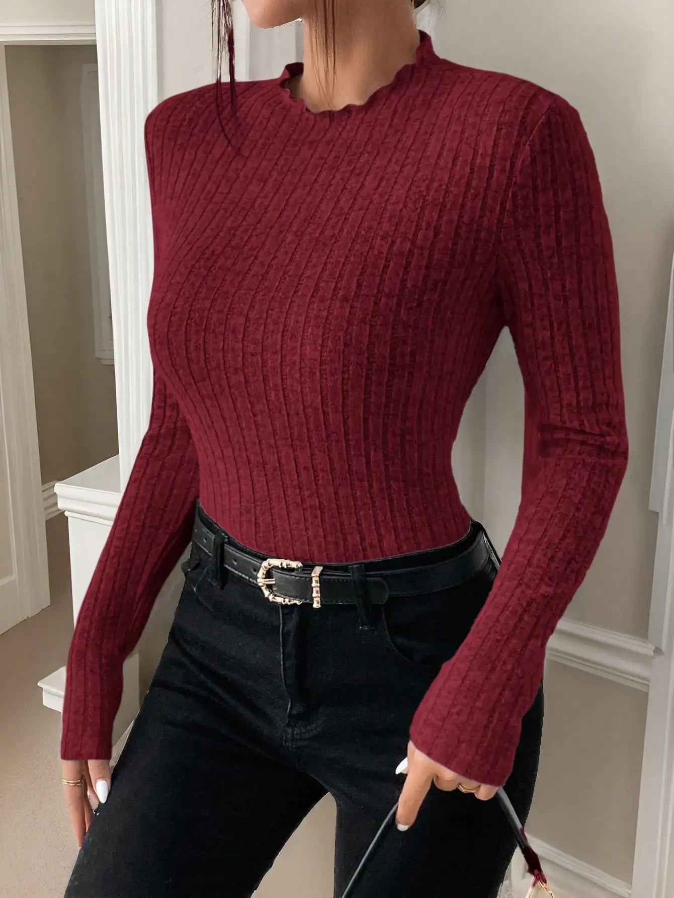 Fashion Slim Ruffle Neck Knit Long Sleeve Top, Lace Mid-Collar Women's Striped Bottom Shirt, Autumn and Winter Casual Sweater