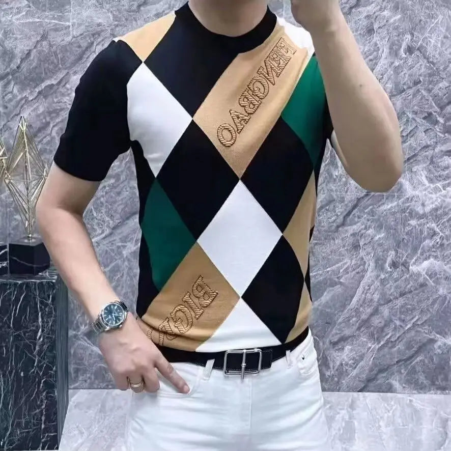 Summer Men Clothing Color Blocking Short Sleeve T-Shirts Streetwear Fashion