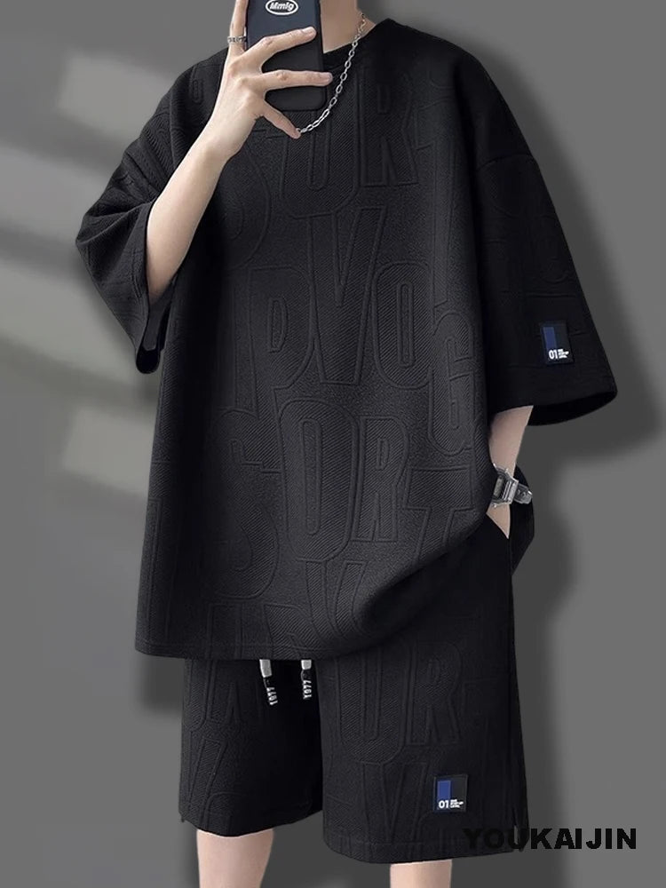 Men's Summer Suit Casual T-shirt + Shorts Suit Men's Tracksuit Solid Color Tracksuit Loose Suit Plus Size 4XL 5XL