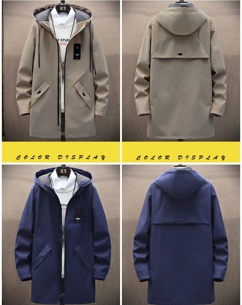 Outdoor Casual Jacket For Men Solid Color Long Windproof Hooded Coat High Quality Design Hot Casual Jacket For Men