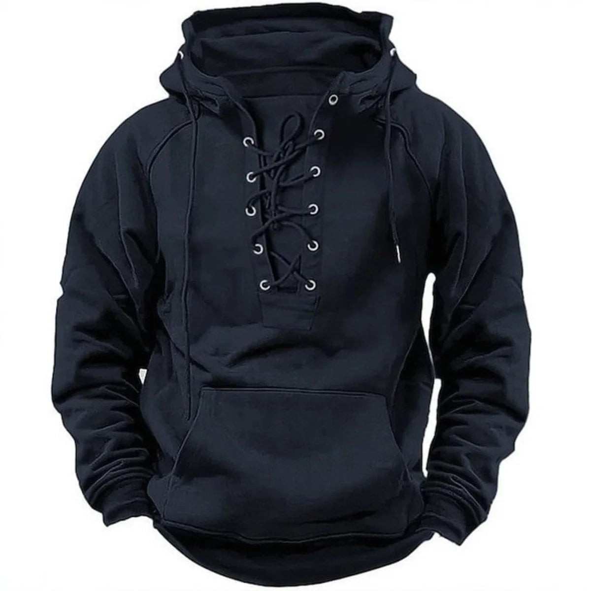 2025 Men's Autumn Winter Outdoor Casual Jacket: Retro Lace-Up, Loose Fit, Pure Color Long Sleeve Hooded Sweatshirt