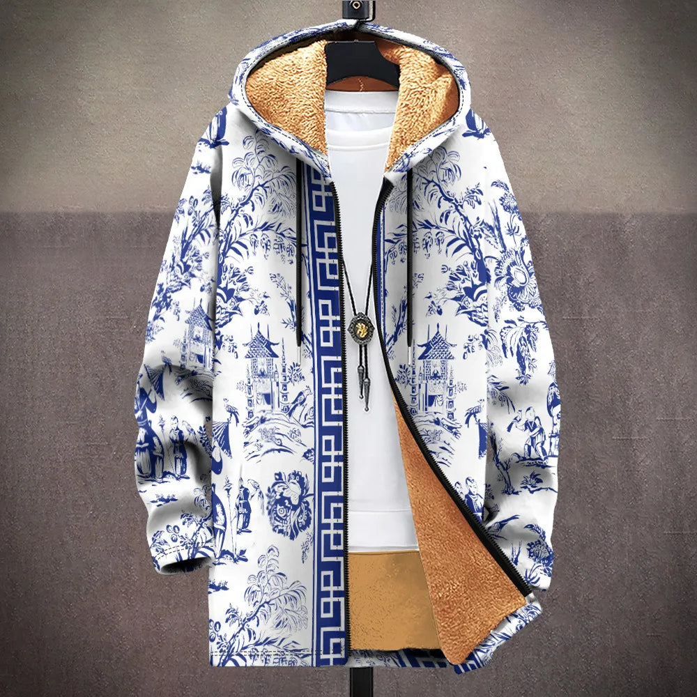 Men Cardigan Coats Blue White Porcelain Art Graphics Printed Germany  Style Plush Thick Winter Jackets Casual Streetwear Clothing