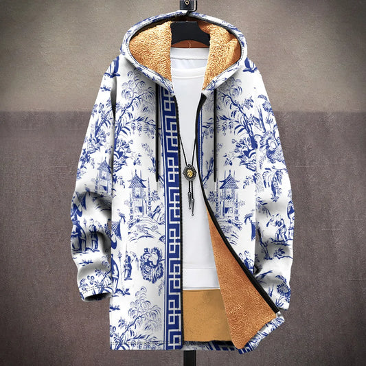Men Cardigan Coats Blue White Porcelain Art Graphics Printed Germany  Style Plush Thick Winter Jackets Casual Streetwear Clothing