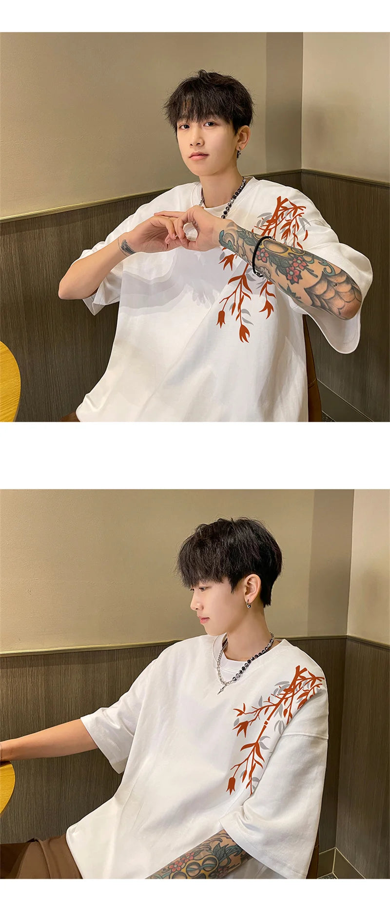 Men's Oversized T-shirts Mens Cotton T Shirt White 5XL Casual Summer Wear Fashion Bamboo Print Tee Shirts for Men Clothing