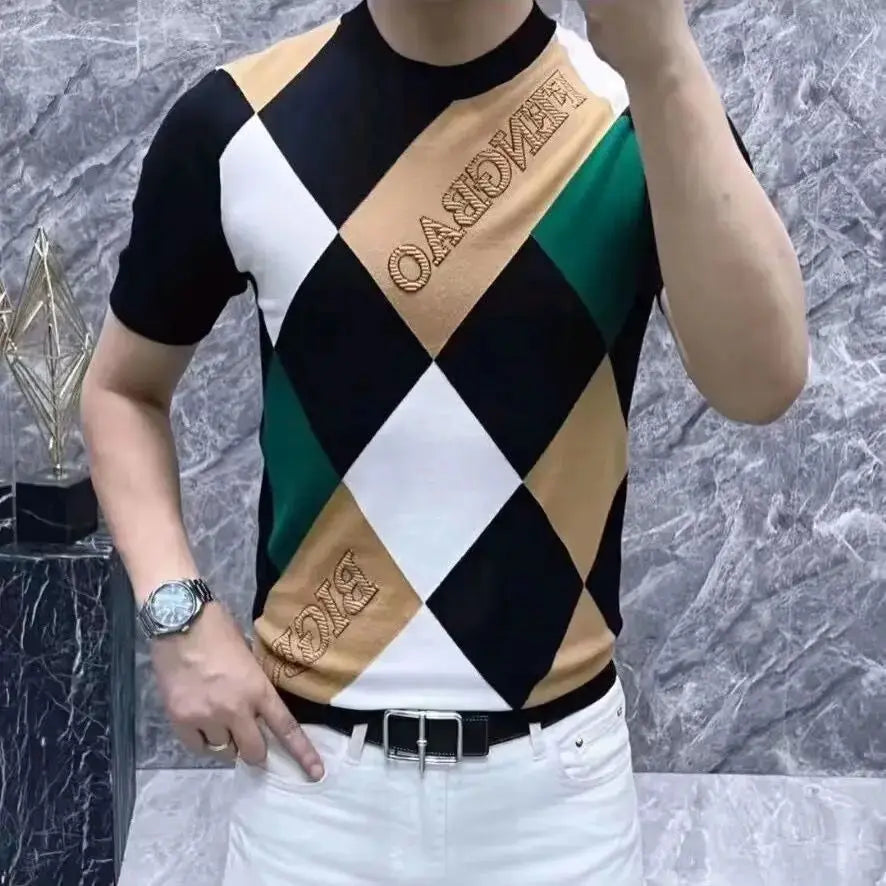 Summer Men Clothing Color Blocking Short Sleeve T-Shirts Streetwear Fashion