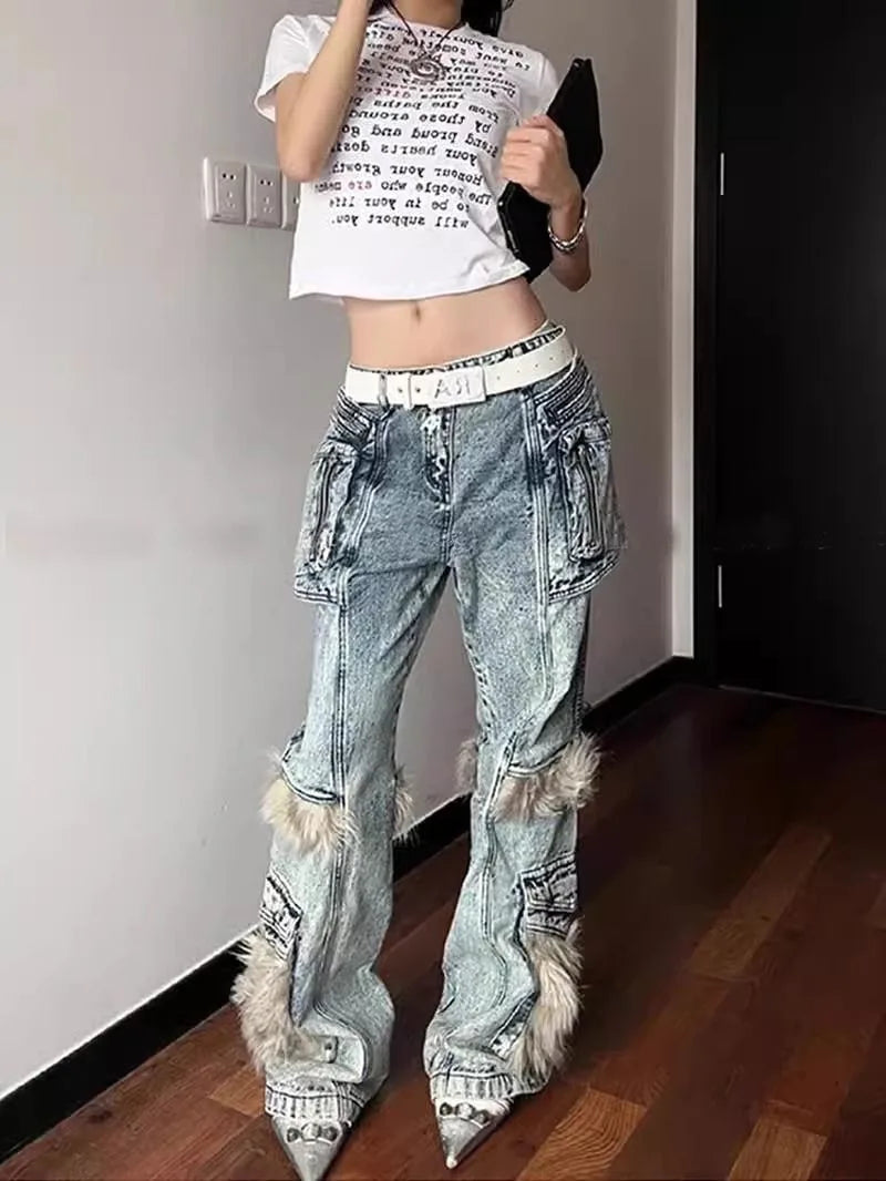 Stitching Multi-pocket Tooling Jeans Women Streetwear Vintage Hip Hop Spice Girls  Pants