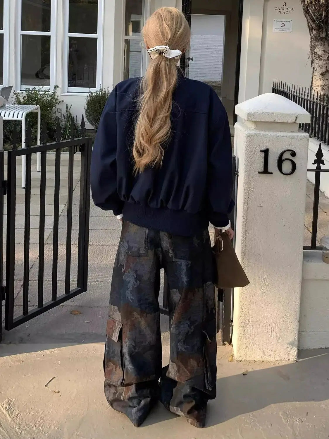 Retro street new style camouflage spliced multi-pocket work jeans for women American loose straight wide-leg casual pants