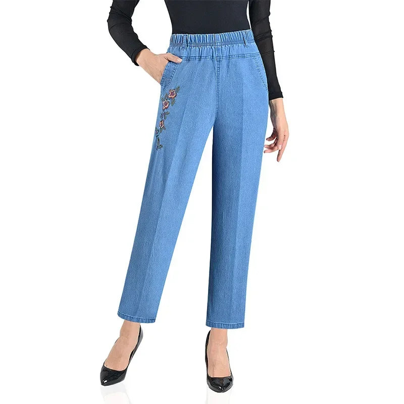 Jeans Women's Loose Straight Sleeve 9-point Embroidered Elastic High Waist