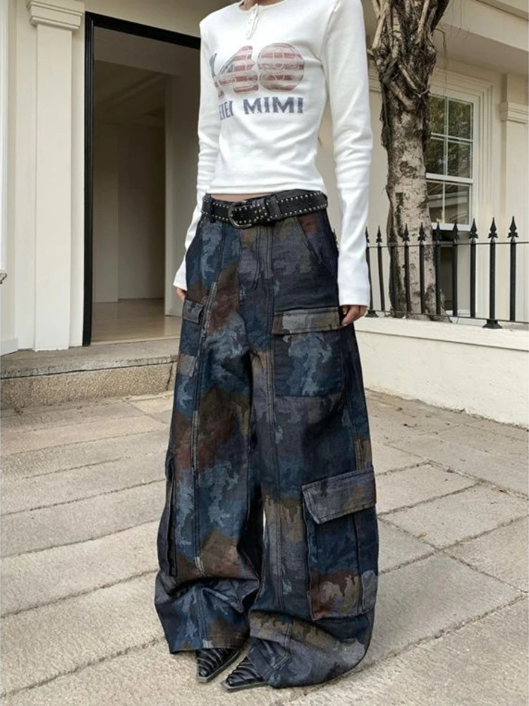 Retro street new style camouflage spliced multi-pocket work jeans for women American loose straight wide-leg casual pants