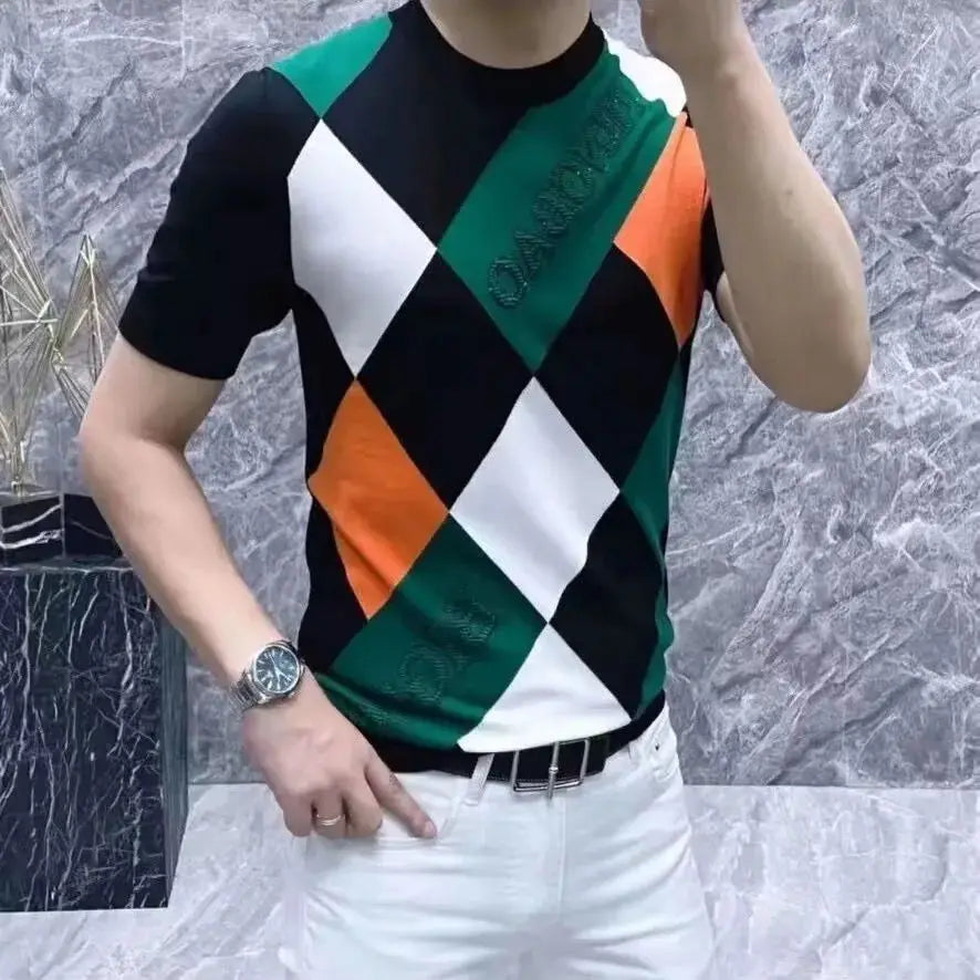 Summer Men Clothing Color Blocking Short Sleeve T-Shirts Streetwear Fashion