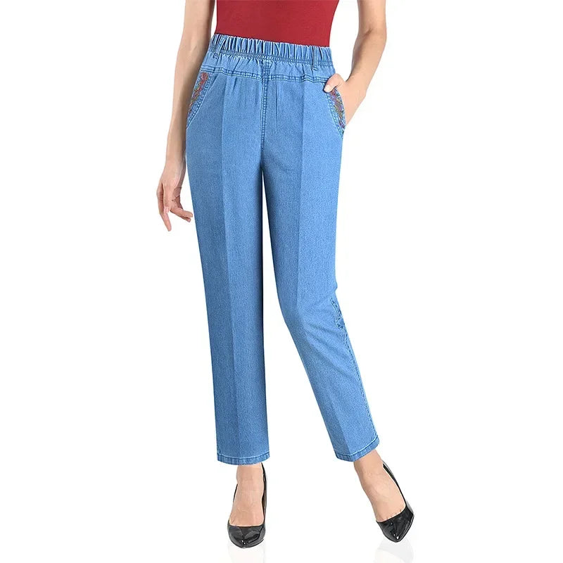 Jeans Women's Loose Straight Sleeve 9-point Embroidered Elastic High Waist