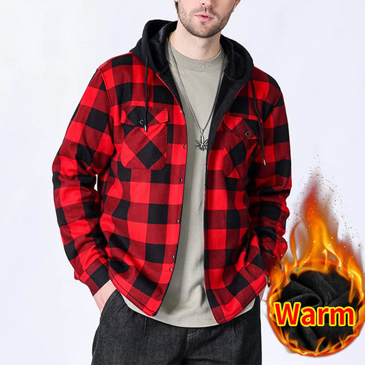 Men's Winter Jackets Large Size Flannel Casual Fleece Lining Hooded Plaid Shirts for Men Outwear Vintage Men Warm Coat