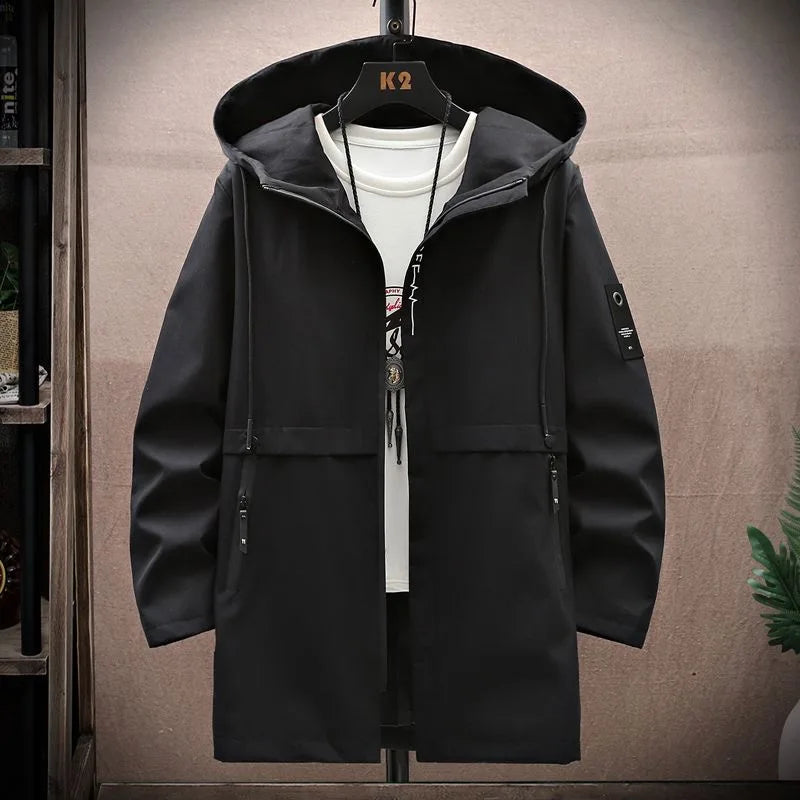 Spring and Autumn New Fashion Trend In The Long Hooded Trench Coat Men's Casual Relaxed Comfortable Waterproof Coat