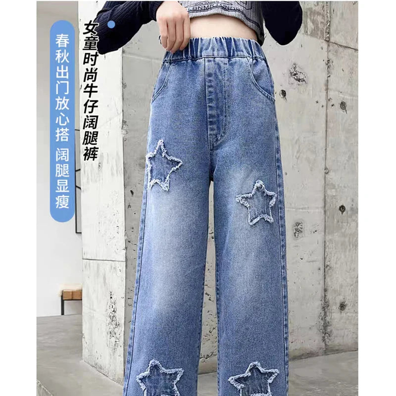 Teen Girls Wide Leg Cargo Jeans Spring Autumn Fashion Kids Casual Denim Pants School Young Kids Straight Baggy Trousers 3-12Y