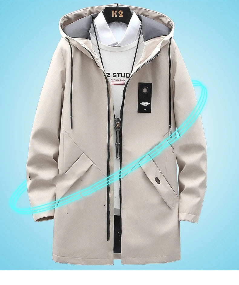 Outdoor Casual Jacket For Men Solid Color Long Windproof Hooded Coat High Quality Design Hot Casual Jacket For Men